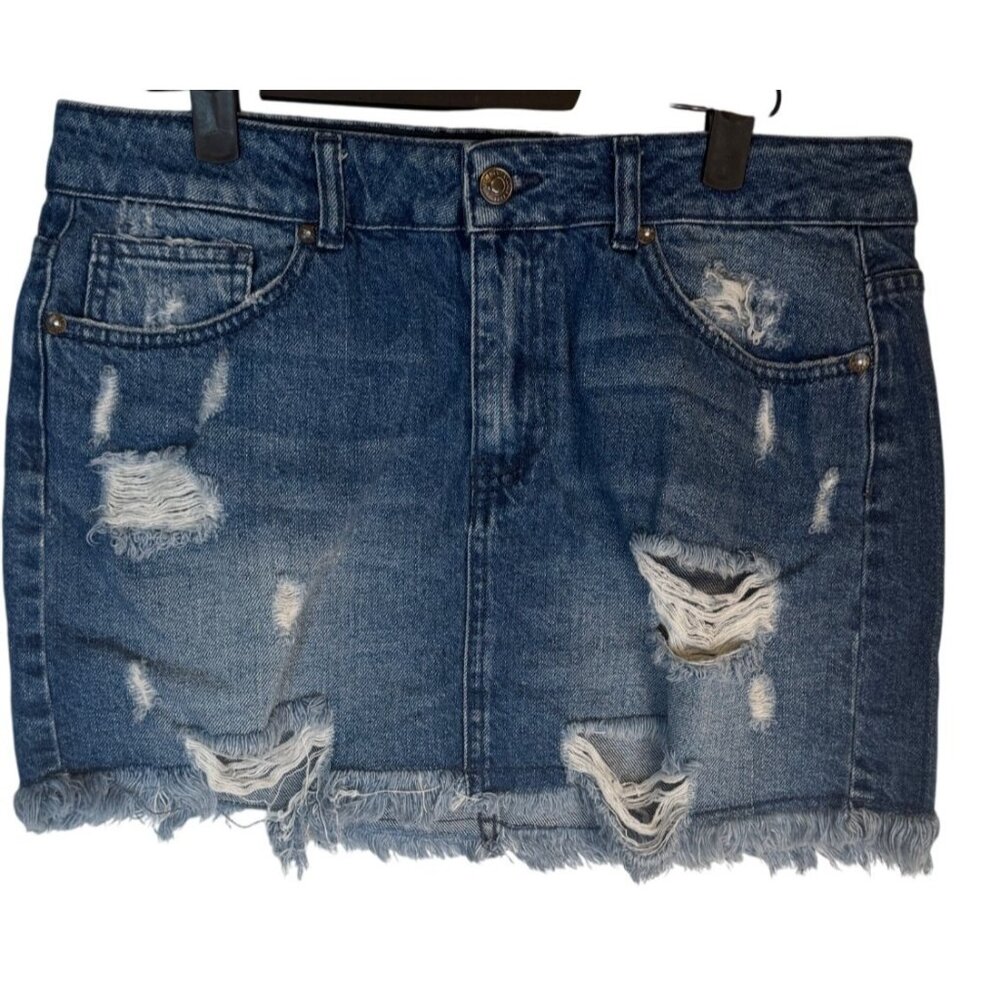 We The Free Size 10 Distressed Denim Mini Skirt With Frayed Hem